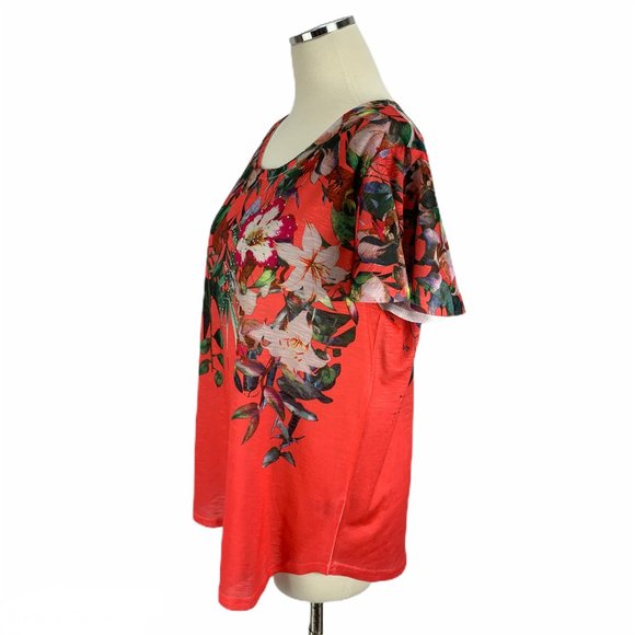 Hawaiian Floral Coral Large 12 14 Blouse Crochet - Picture 2 of 6